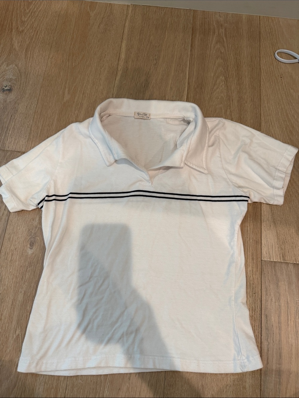 Brandy Melville White Polo Tee with Navy Double Stripe